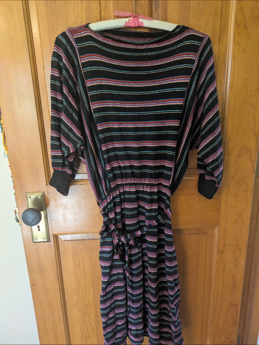 Striped Black Knit Midi Dress with Pink and Teal Accents